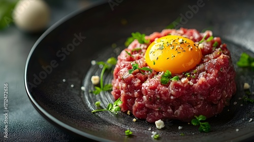 Exquisite beef tartare is expertly presented on a dark plate, adorned with a glistening egg yolk and fresh herbs, creating a delightful culinary masterpiece.