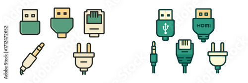 Essential electronic connectors and power plugs for modern technology, including data, audio, and power interfaces