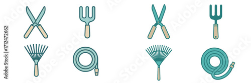 A comprehensive collection of essential gardening tools including shears, rakes, forks, and a hose for various outdoor tasks and plant care