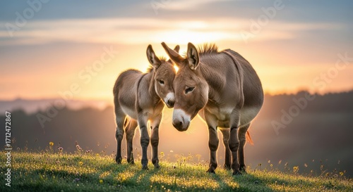 Two donkeys enjoying a warm sunset on a grassy hill