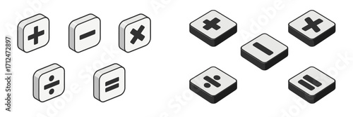 Isometric 3D style mathematical operation symbols set including plus minus multiply divide and equals signs