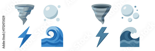 Set of natural disaster and weather symbols: tornado, lightning, bubbles, ocean waves representing environmental concepts