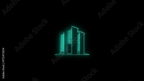 Glowing neon building  cityscape icon isolated on black background. HD Video motion graphic animation video
