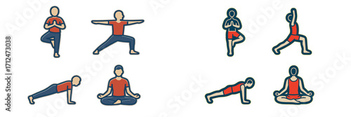 Diverse collection of individuals practicing various yoga poses for fitness, meditation, and overall health and wellness benefits