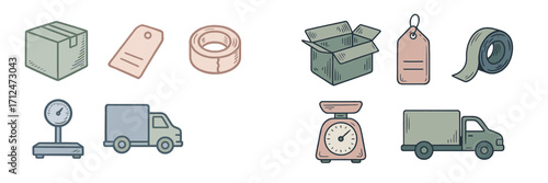 Shipping and delivery logistics with packaging boxes, adhesive tape, price tags, weighing scales, and transport trucks