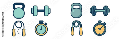 Collection of fitness gym equipment icons featuring kettlebells, dumbbells, jump ropes, and stopwatches for exercise