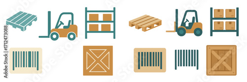 Warehouse logistics and shipping icons set with pallets, forklifts, shelves, boxes, barcodes, and crates