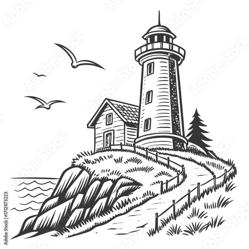 Hand drawn sketch of a rustic lighthouse and keeper s cottage on a rocky cliff overlooking the sea with seagulls flying