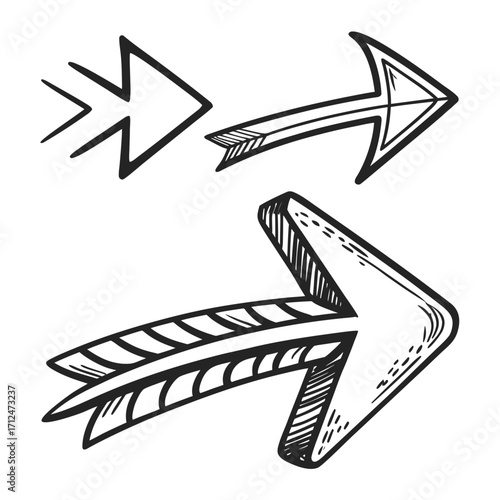 Hand drawn sketch style arrows pointing rightward in different designs and sizes
