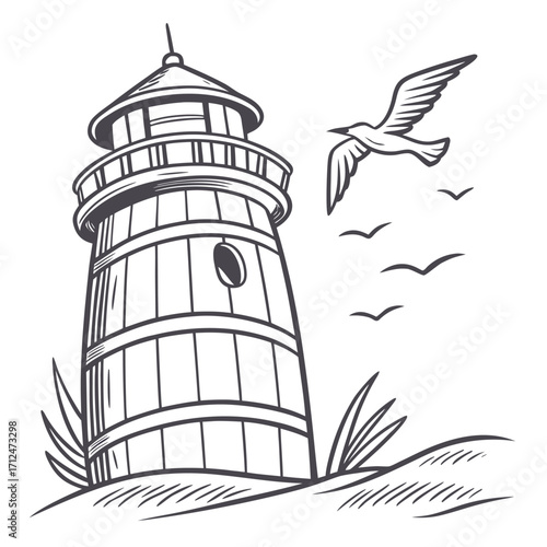 Hand drawn sketch of a classic lighthouse on a sandy shore with seagulls flying overhead