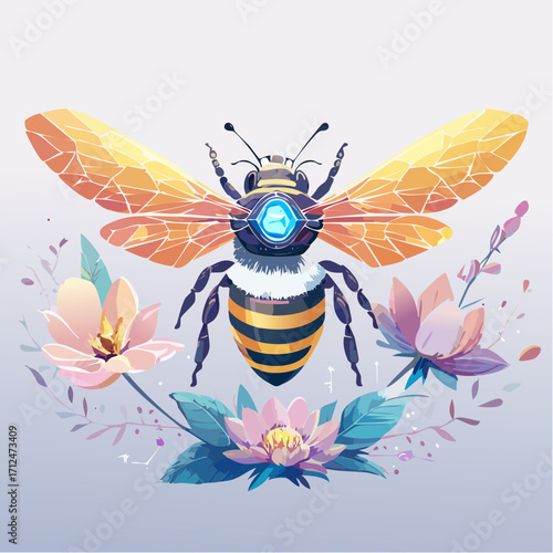A stylized bee with geometric wings and a glowing blue gem on its back, surrounded by pastel flowers.