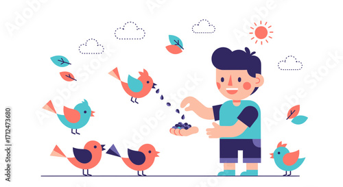 Boy Feeds Colorful Birds, Illustrating Outdoor Friendship And Joyful Springtime