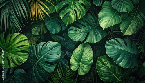 Wallpaper Mural Lush Green Monstera Leaves Pixel Art in Dark Jungle Background Digital Illustration Tropical Foliage Abundance Generative Graphic Design Nature Torontodigital.ca