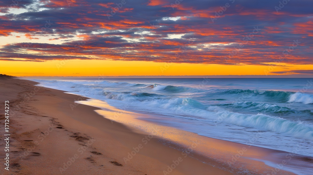 Obraz premium A breathtaking tropical beach sunset with vibrant clouds and golden reflections on the wet sand.