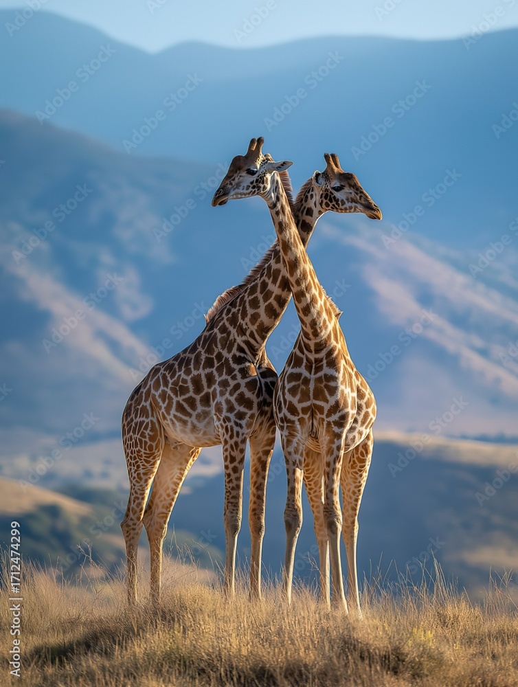 Obraz premium Two Giraffes Forming Perfect Cross In Serengeti With Mountains Under Blue Sky