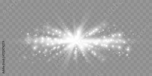 White horizontal lensflare. Light flash with rays or spotlight and bokeh. Silver glow flare light effect. Vector illustration. Isolated on transparent background.