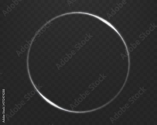 Silver light ring round, white glitter neon circle, grey energy ring frame. Curve light effect. Abstract vector flare. Vector illustration.