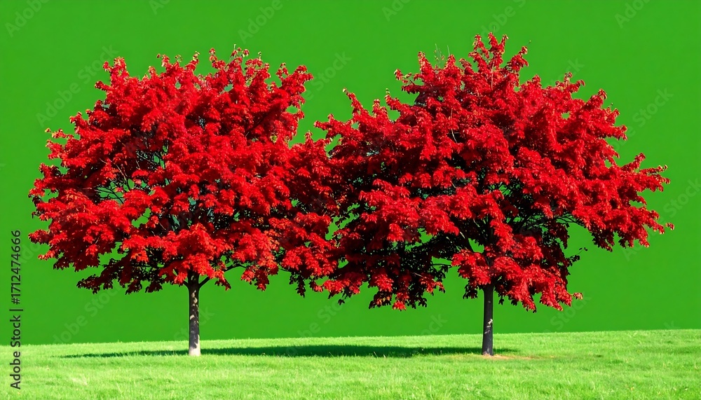 Obraz premium Two vibrant red trees against a vibrant green backdrop