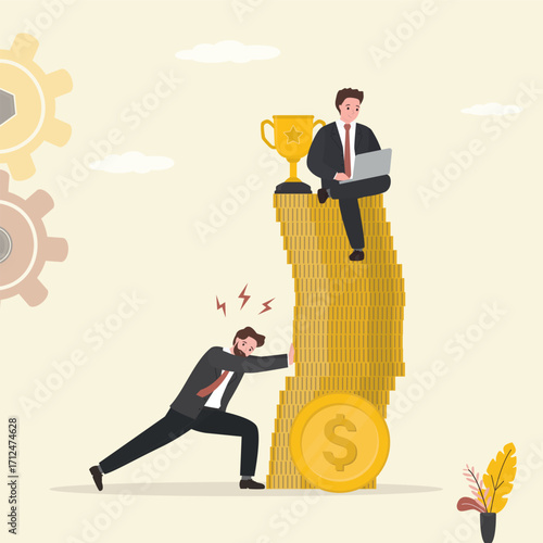 Business competition concept. Businessman pushing golden coin pile that other person sitting on top and working. Betrayal, destruction of competitor or colleague.