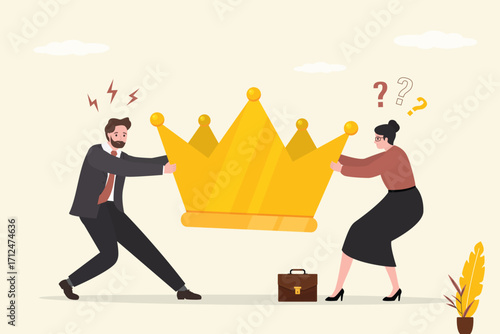 Struggle for influence, leadership. Inequality, man and woman, issue about gender diversification. Colleagues pulling golden crown, job promotion position. Family conflict.