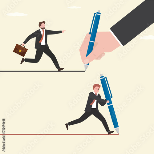 Businessman create own path to success, business competition success concept. Mentor helps beginner, but experienced entrepreneur is better and more successful.