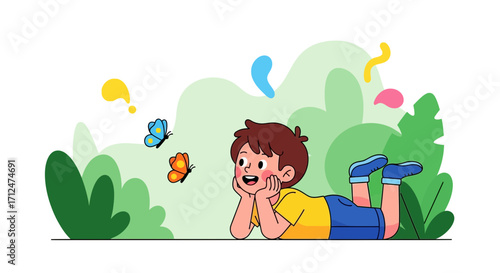 Boy Gazing At Butterflies, Lying Down, Enjoying A Sunny Day, Peaceful Relaxation