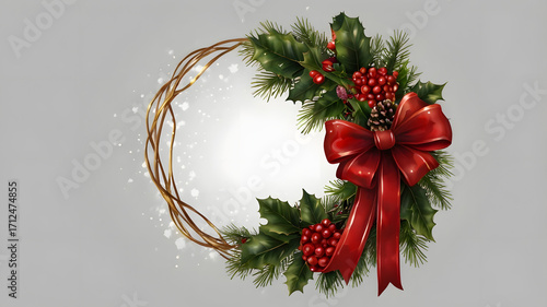 Minimal Christmas Wreath with Pine and Red Bow on White Background