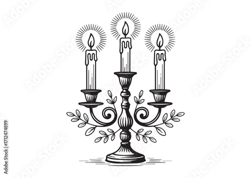 Antique candlestick with burning candles line art vector