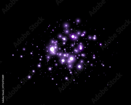 Purple luminous points and stardust. Purple glittering dots, particles, stars magic sparks. Glow flare light effect. Vector particles on transparent background.