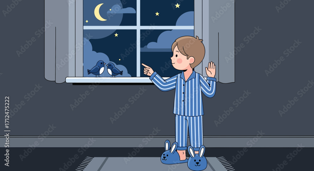 Fototapeta premium Boy Gazing At Night Sky, Two Birds, Crescent Moon In Window At Night