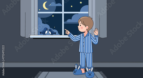 Boy Gazing At Night Sky, Two Birds, Crescent Moon In Window At Night
