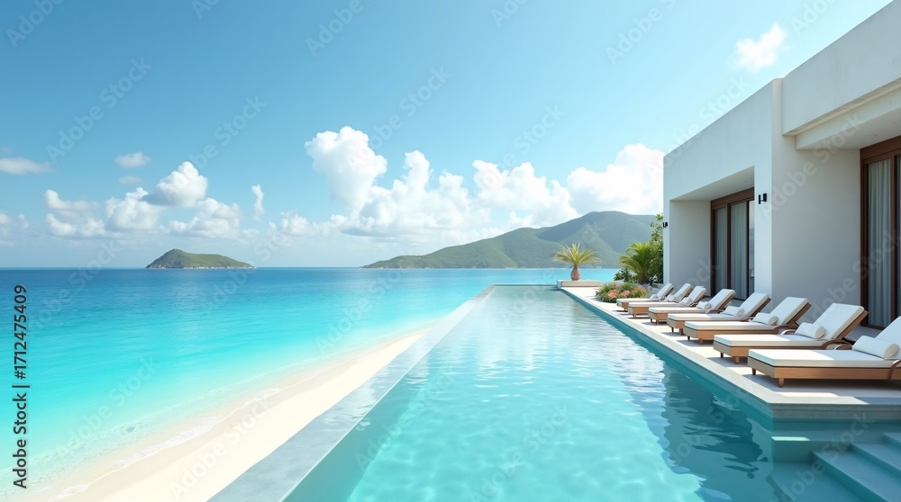 Fototapeta premium A luxurious beachfront villa with an infinity pool, overlooking turquoise sea, sandy beach, and distant islands under a bright blue sky.