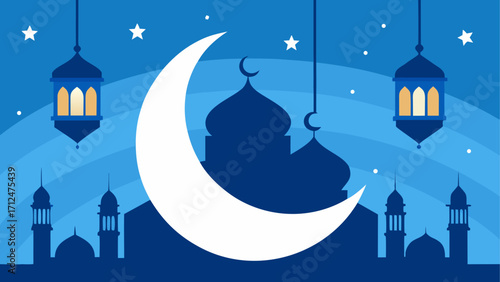 Islamic crescent moon and mosque silhouette