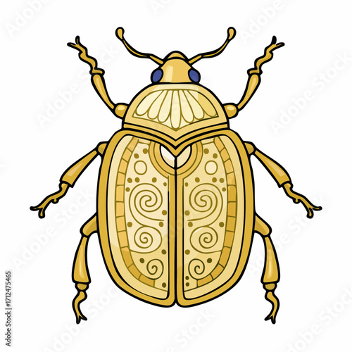 Ornate golden beetle illustration with intricate swirling patterns on its shell.
