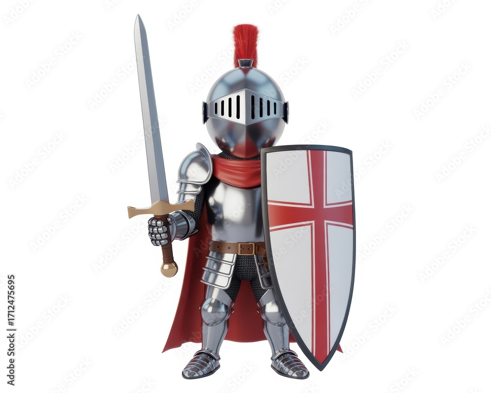 Fototapeta premium Cartoon knight standing with sword and shield on a white background in full armor and red cape