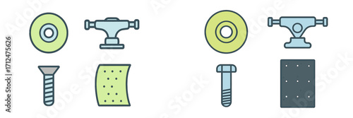 Skateboard hardware collection with wheels, trucks, bolts, and grip tape for assembly and maintenance