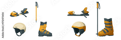 Collection of essential ski equipment including bindings, poles, boots, and helmets for winter sports