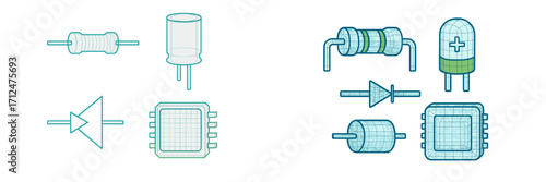 Collection of essential electronic circuit components including resistors, capacitors, diodes, and integrated circuits
