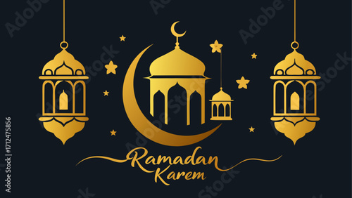 Golden ramadan kareem with moon and stars