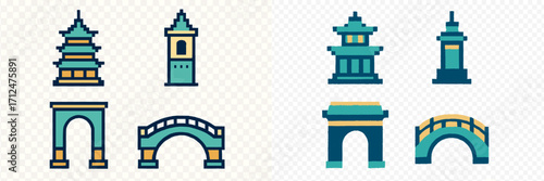 Pixelated architectural landmarks and city structures with towers, arches, and bridges in retro game style