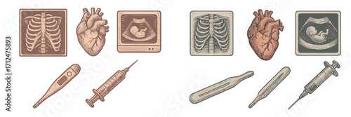 Illustrations of medical equipment and human anatomy showcasing heart and ultrasound images in a clinic setting