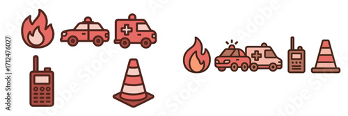Emergency response and safety equipment icons featuring fire, police car, ambulance, walkie-talkie, and traffic cone