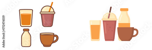 Assortment of refreshing beverages in different containers including glass, bottle, cup, and smoothie tumbler