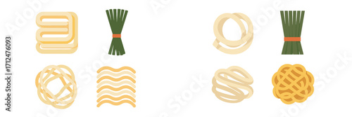 Diverse selection of raw pasta shapes and fresh green culinary ingredients for Italian cuisine, perfect for cooking and gourmet food concepts