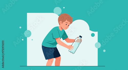 Boy Holding Bottled Water In Front Of A Decorative Background For Conceptual Uses