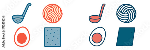 Diverse assortment of cooking tools and food elements with simple shapes, featuring a ladle, hard-boiled egg, and cracker