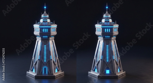 Futuristic tower with glowing blue lights, a modern architectural design, showcasing advanced technology and sleek aesthetics, isolated on dark background