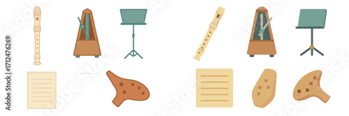 Collection of musical instruments and accessories including recorders, metronomes, ocarinas, and music stands