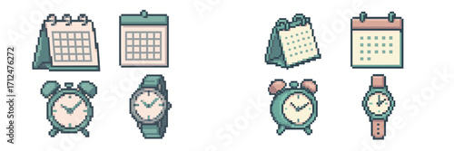 Pixel art icons featuring calendars, alarm clocks, and wristwatches for digital time and schedule management