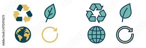 Environmental sustainability concept with recycling, earth, leaf, and refresh arrow symbols in a clean graphic style